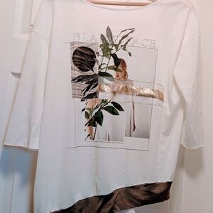 Zara White and Brown Graphic Long Sleeve Top